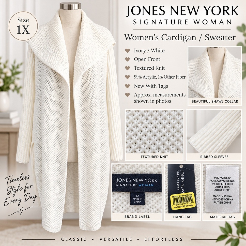 Jones New York Signature Woman Ivory Textured Knit Shawl Cardigan 1X 107WV33188